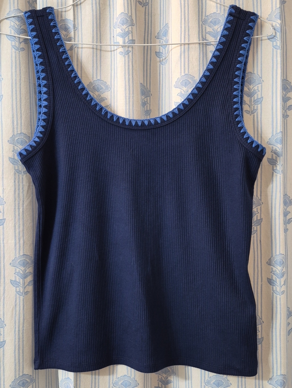 J Crew Navy Ribbed Blanket Trim Knit Stretch Tank Top Sz M